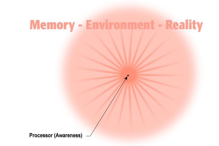 An artists rendition of the environment, with respect to conscious awareness, using a computer for clarity of concept.