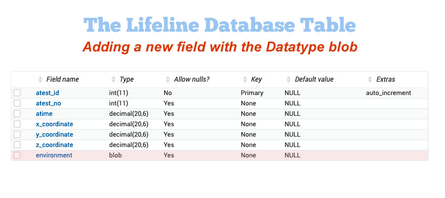 Adding a field, with datatype blob, to the lifeline database table. This field will hold the current environment.